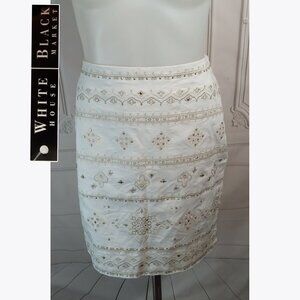 White House Black Market Gold Silver Beaded Studded Embroidered Skirt Sz 2